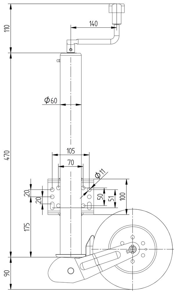 Stützrad    250kg  60mm  Hub 235mm