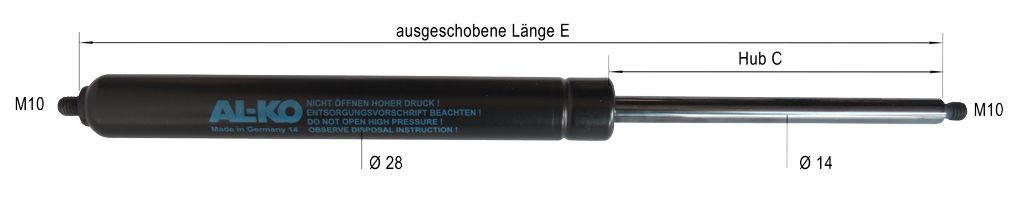 Gasfeder L   668   Hub 300   1500N   M10